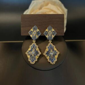 Earrings Vintage Enamel Cloisonné Four-Leaf Clover for Women with Opera House Carvings