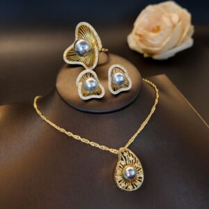 jewellery set earring necklace ring hollow line design iridescent pearl